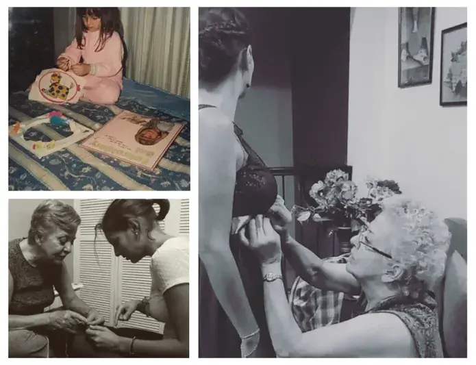 Carolina y su abuelita tejiendo y cosiendo en diferentes momentos